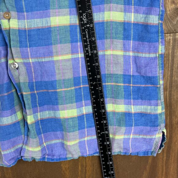 Scott Barber Mens Shirt Blue Plaid 100% Linen Short Sleeve Button Down Large - Picture 8 of 11